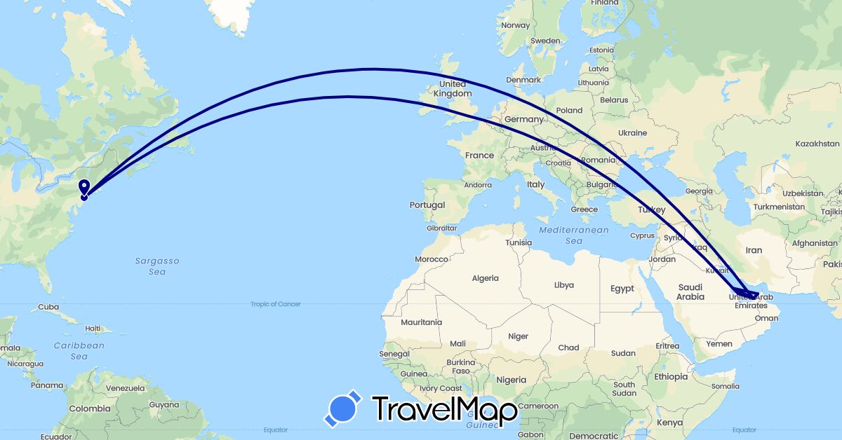 TravelMap itinerary: driving in United Arab Emirates, Bahrain, United Kingdom, Qatar, United States (Asia, Europe, North America)