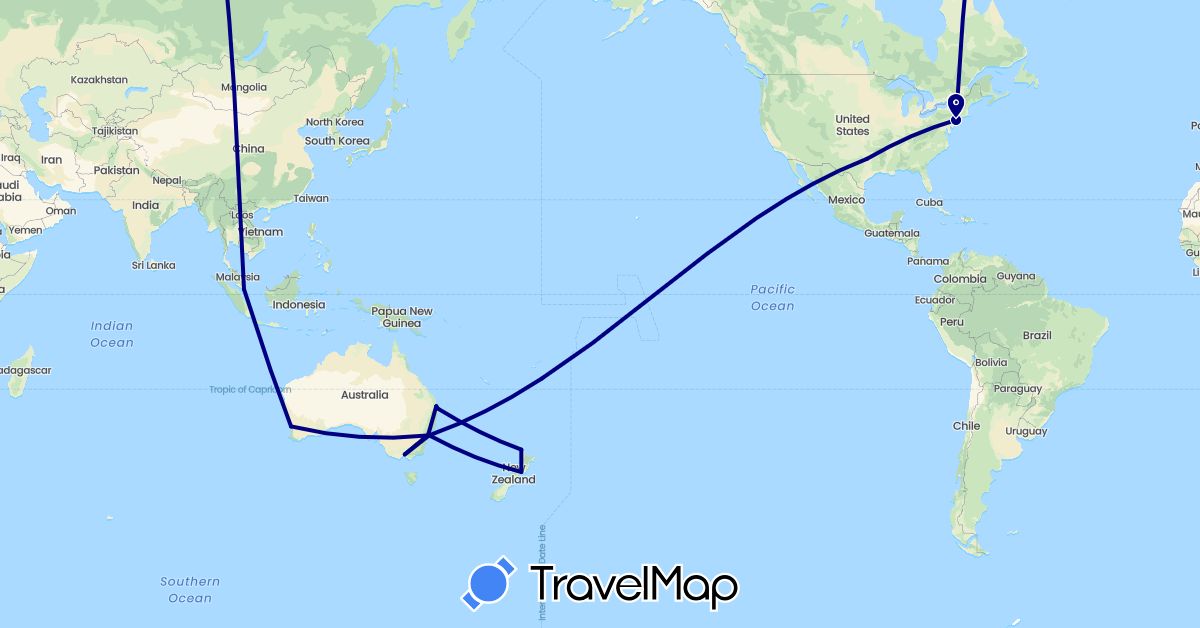 TravelMap itinerary: driving in Australia, New Zealand, Singapore, United States (Asia, North America, Oceania)